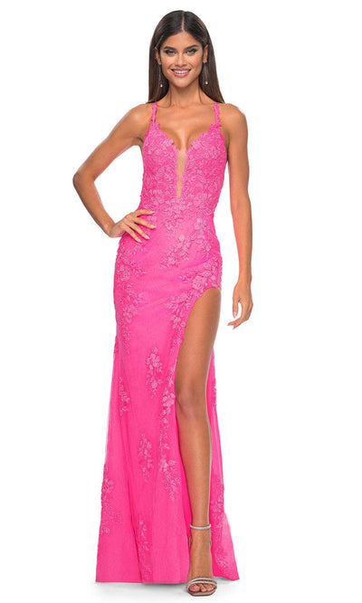 La Femme 32205 - Tie Open Back Appliqued Prom Gown Prom Dresses