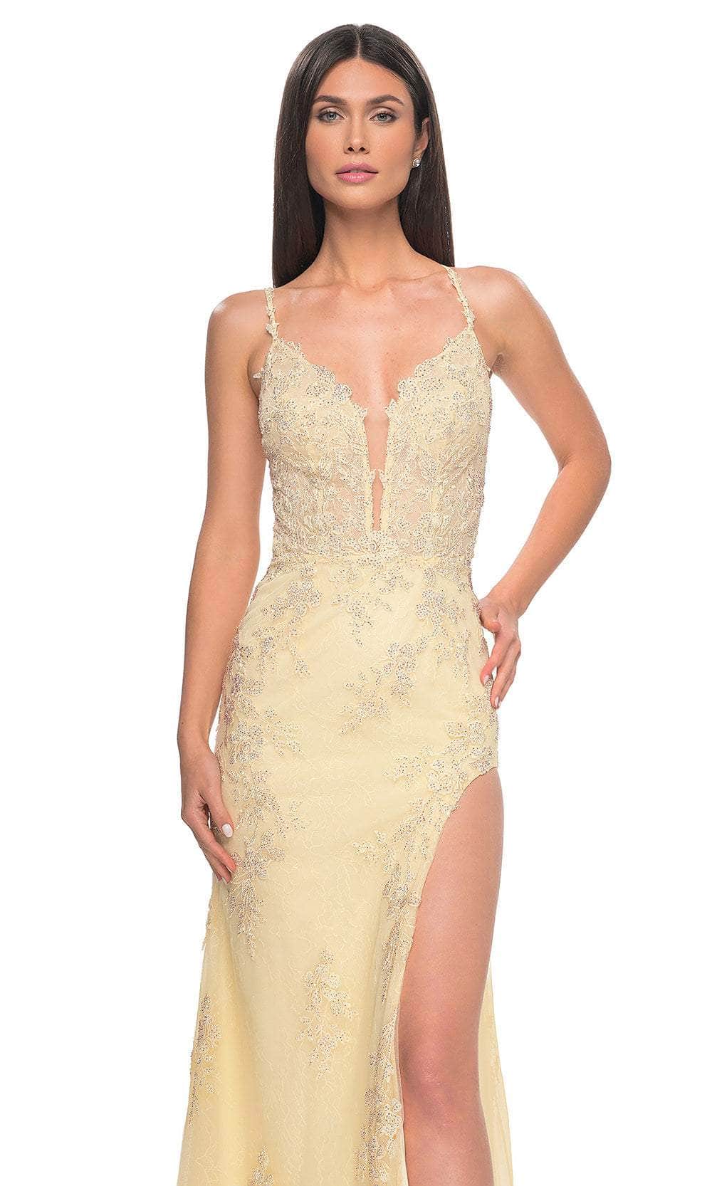 La Femme 32205 - Tie Open Back Appliqued Prom Gown Prom Dresses