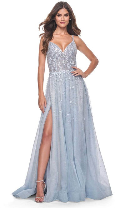 La Femme 32215 - Sleeveless Floral Tulle Prom Gown Prom Dresses 00 / Light Blue