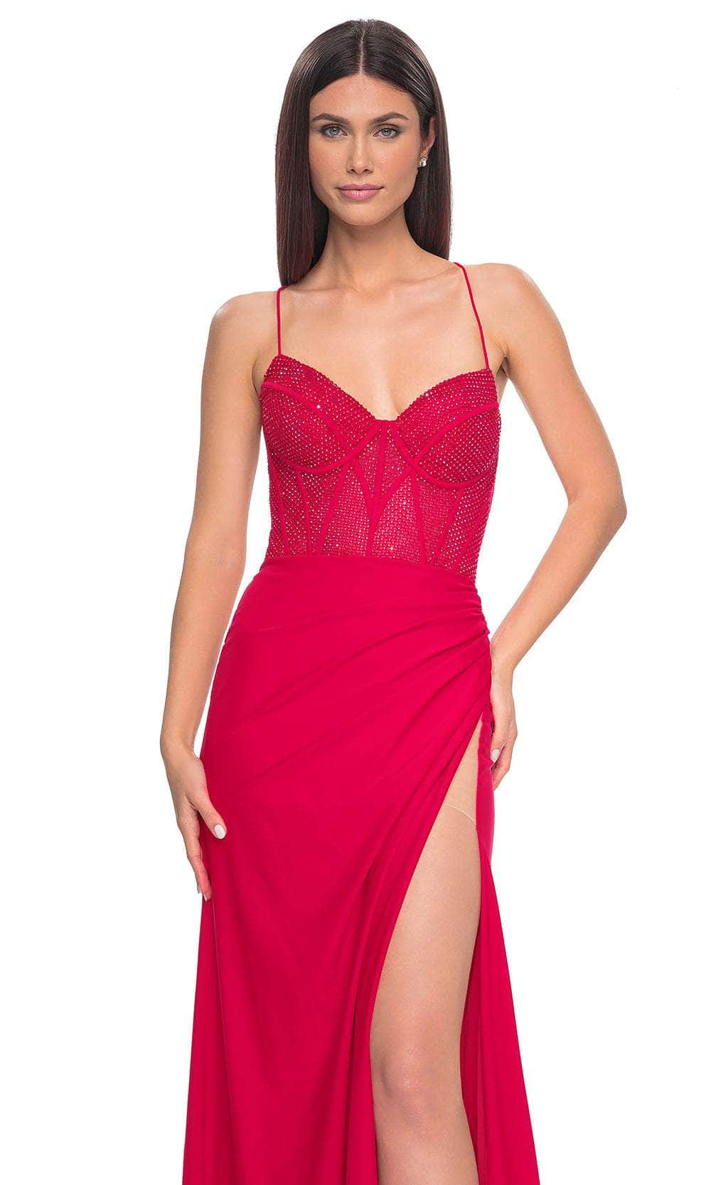 La Femme 32230 - Long Hot Stone Fishnet Sheath Dress - Sleeveless, Illusion  Bustier Top, Fishnet Rhinestone, Lace-Up Back, High Slit, Sweep Train,  Fitted – ADASA