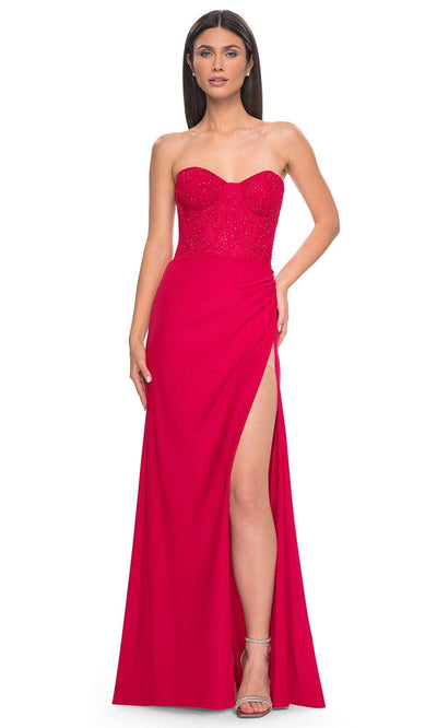La Femme 32234 - Strapless Side Slit Prom Gown Evening Dresses 00 /  Red