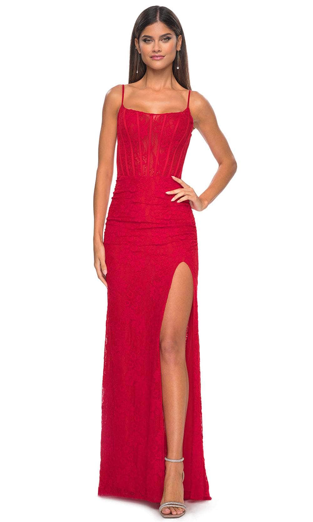 La Femme 32237 - Stretch Lace Corset Prom Gown Evening Dresses 00 /  Red