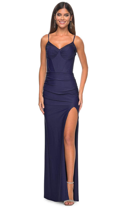 La Femme 32238 - Spaghetti Strap V-Neck Prom Gown Evening Dresses 00 /  Navy