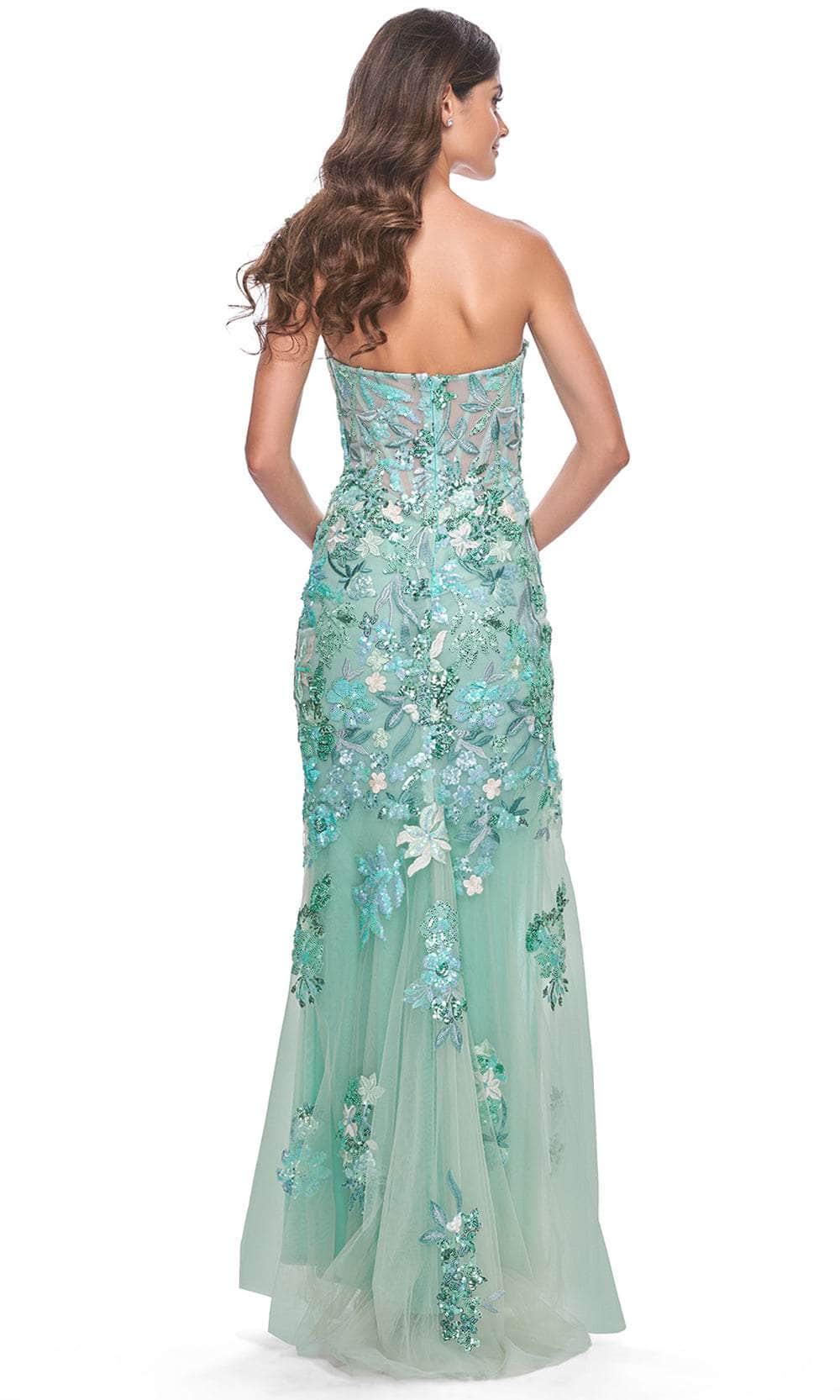 La Femme 32252 - Long Print Sequin Sheath Dress - Corset Bodice, Beaded, Sequin Embellished, Back Zipper Closure, Slit, Train 4 / Sage La Femme 32252 - Long Print Sequin Sheath Dress - Corset Bodice, Beaded, Sequin Embellished, Back Zipper Closure, Slit, Train 4 / Sage