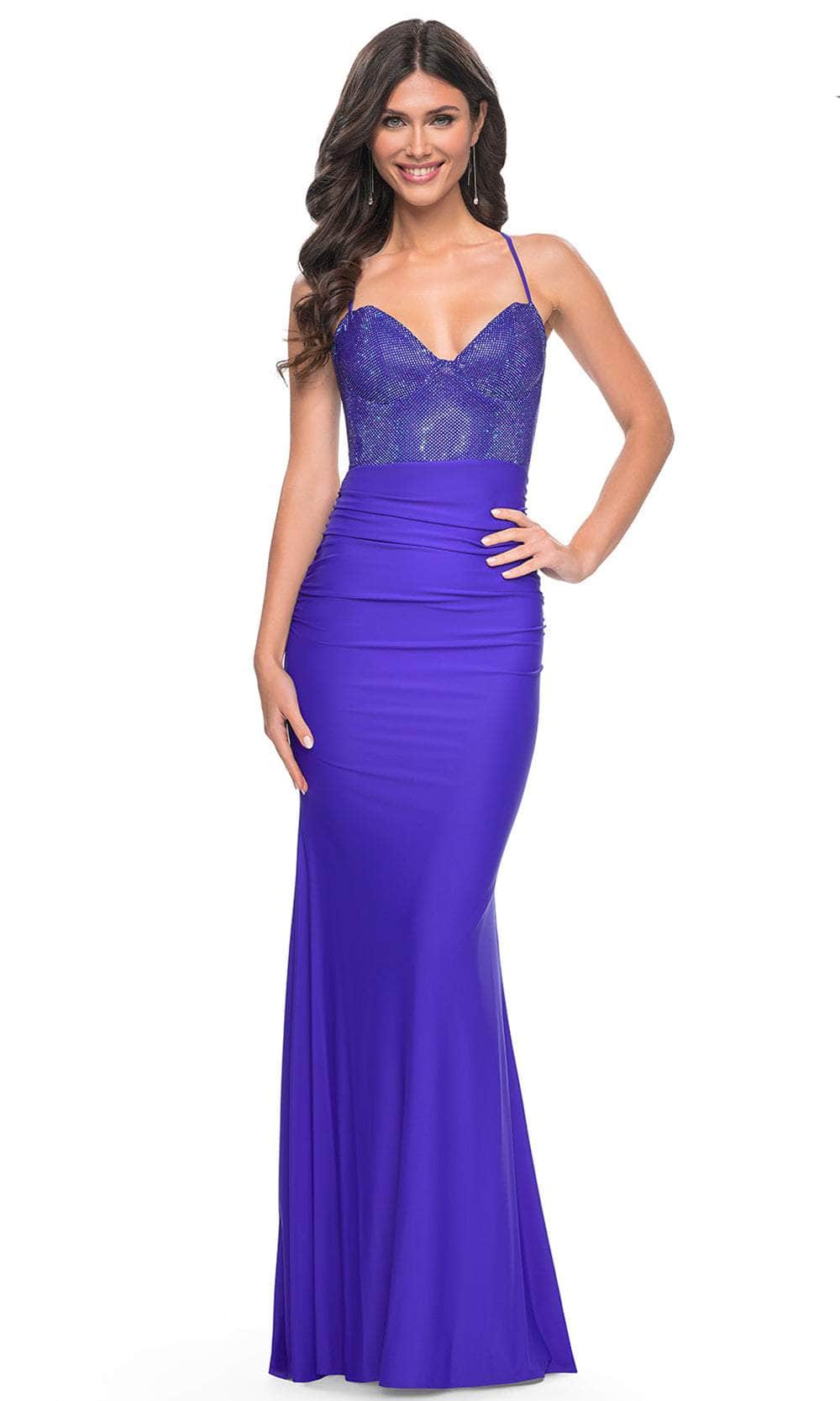 La Femme 32260 - Lace-Up Back Ruched Prom Gown Formal Gowns 00 / Royal Blue