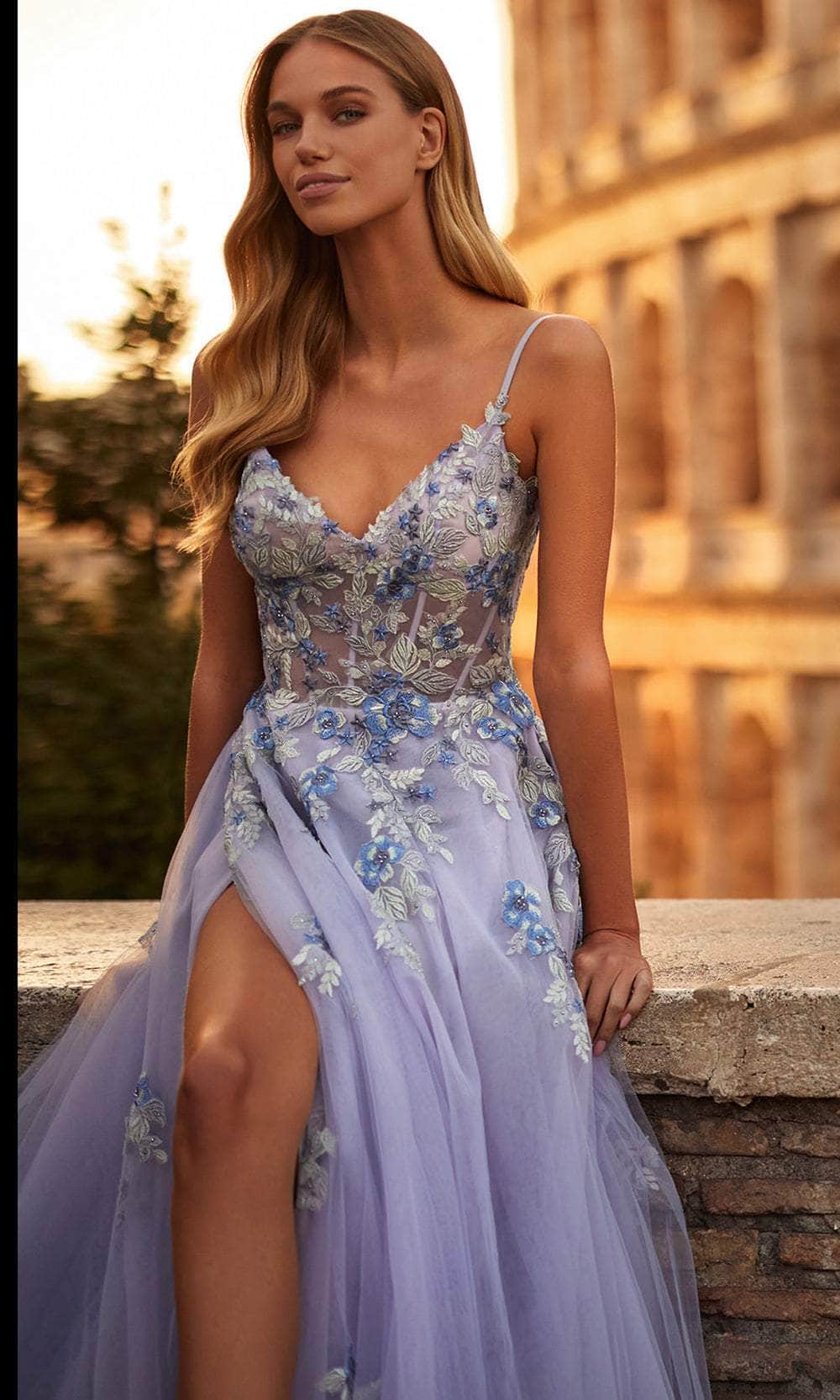 La Femme 32288 - Long Lace/Tulle A Line Dress - Illusion Corset Bodice, Sleeveless, Lace Applique, Back Zipper Closure, Train, Slit, Horsehair Trim, Side Pockets ADASA La Femme 32288 - Long Lace/Tulle A Line Dress - Illusion Corset Bodice, Sleeveless, Lace Applique, Back Zipper Closure, Train, Slit, Horsehair Trim, Side Pockets ADASA