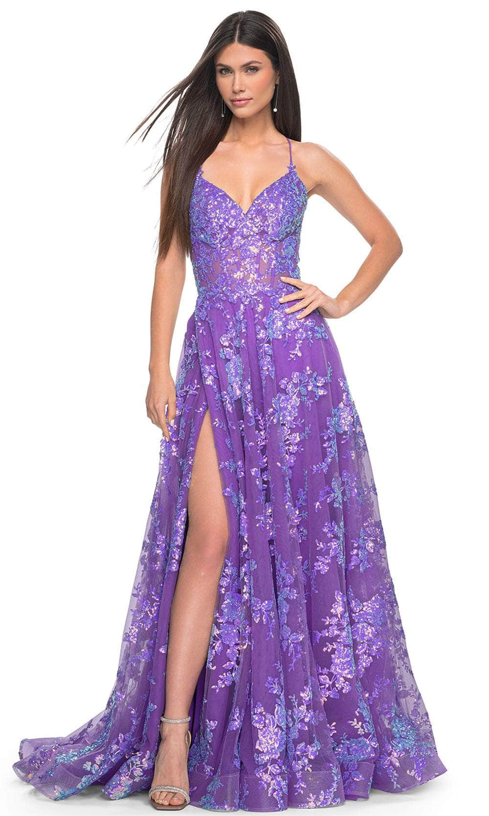 La Femme 32291 - V-Neck Sequin Lace Prom Gown Evening Dresses 00 /  Purple