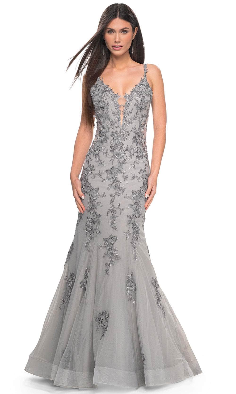 La Femme 32295 - Deep V-Back Appliqued Prom Gown Evening Dresses 00 /  Silver