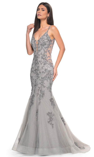 La Femme 32295 - Deep V-Back Appliqued Prom Gown Evening Dresses