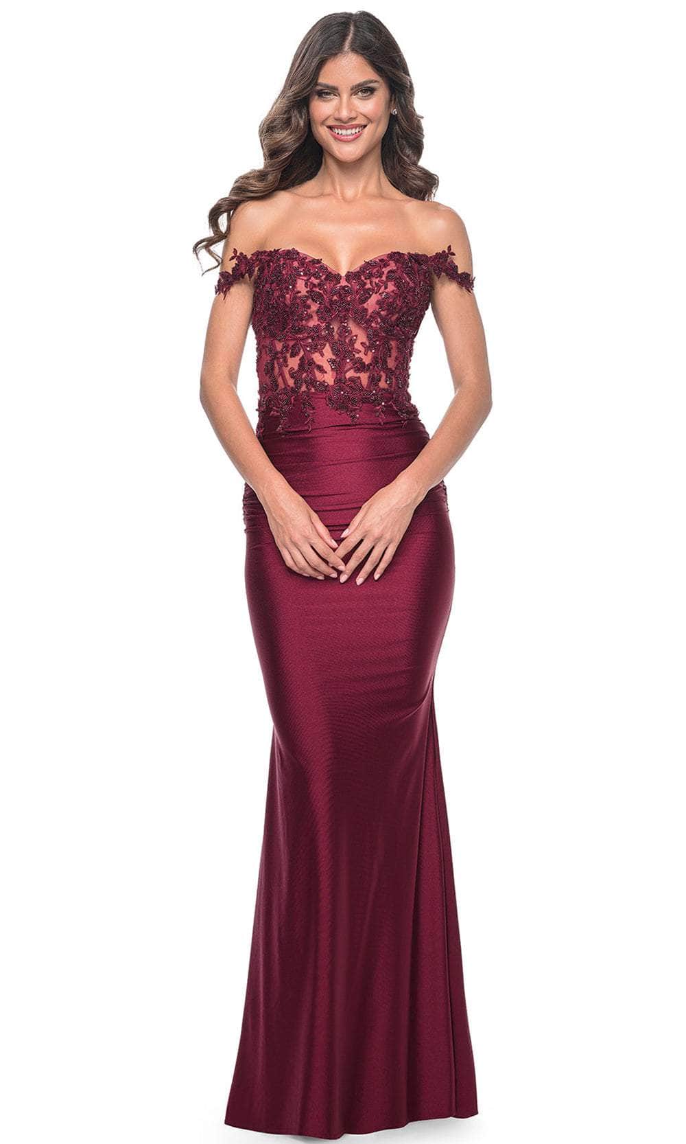 La Femme 32302 - Applique Off Shoulder Prom Dress Prom Dresses 00 / Dark Berry