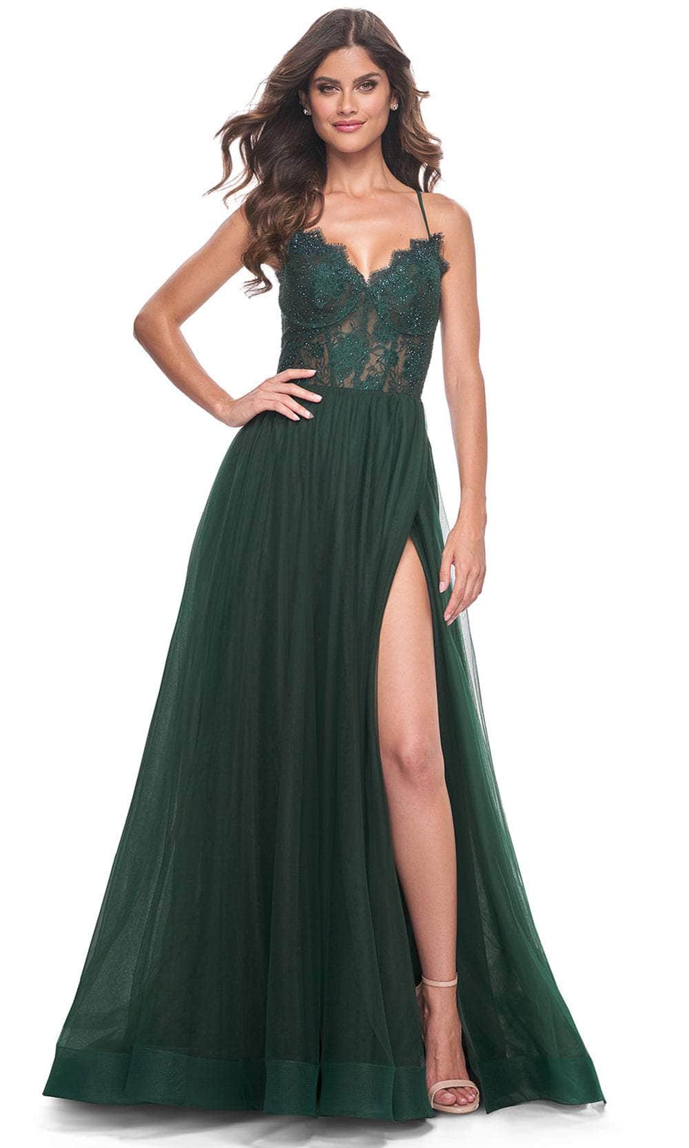 La Femme 32306 - Scalloped V-Neck A-Line Prom Dress Evening Dresses 00 /  Dark Emerald