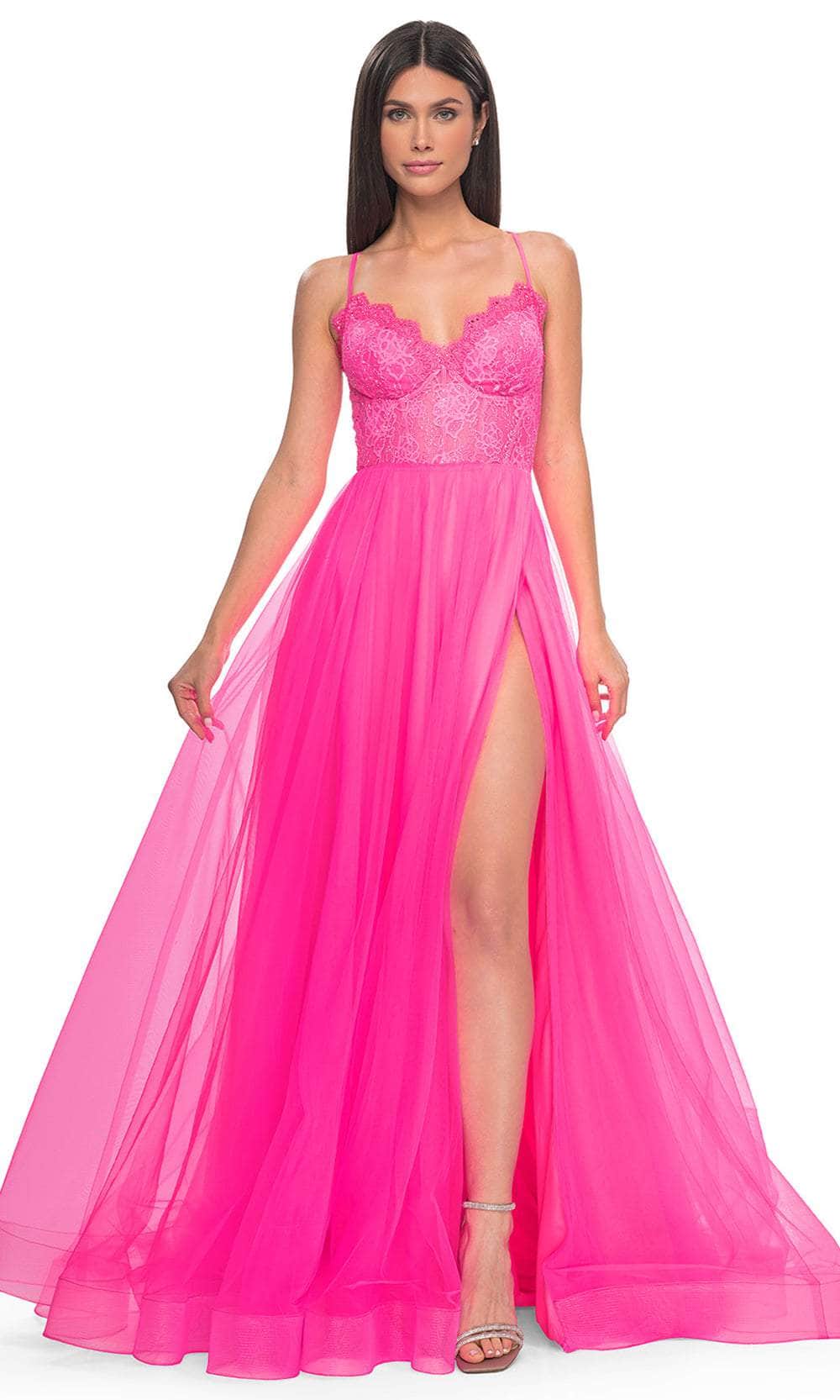 La Femme 32306 - Scalloped V-Neck A-Line Prom Dress Evening Dresses 00 /  Neon Pink