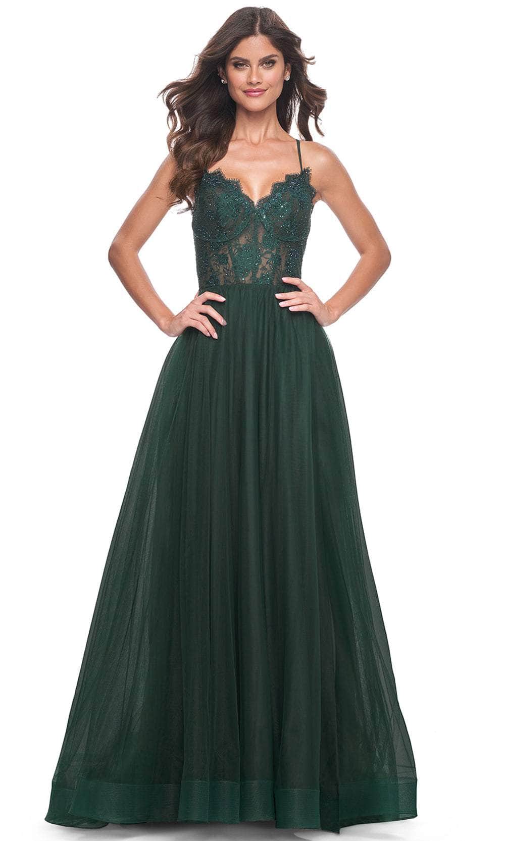 La Femme 32306 - Long Lace/Tulle A Line Dress - Spaghetti Strap, Sheer Lace Bodice, Scalloped Detail, Pockets, Open Lace-Up Back, High Slit, Horsehair La Femme 32306 - Long Lace/Tulle A Line Dress - Spaghetti Strap, Sheer Lace Bodice, Scalloped Detail, Pockets, Open Lace-Up Back, High Slit, Horsehair