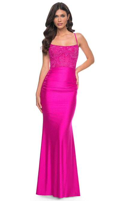 La Femme 32322 - Scoop Lace-Up Back Prom Gown Evening Dresses 00 /  Hot Fuchsia