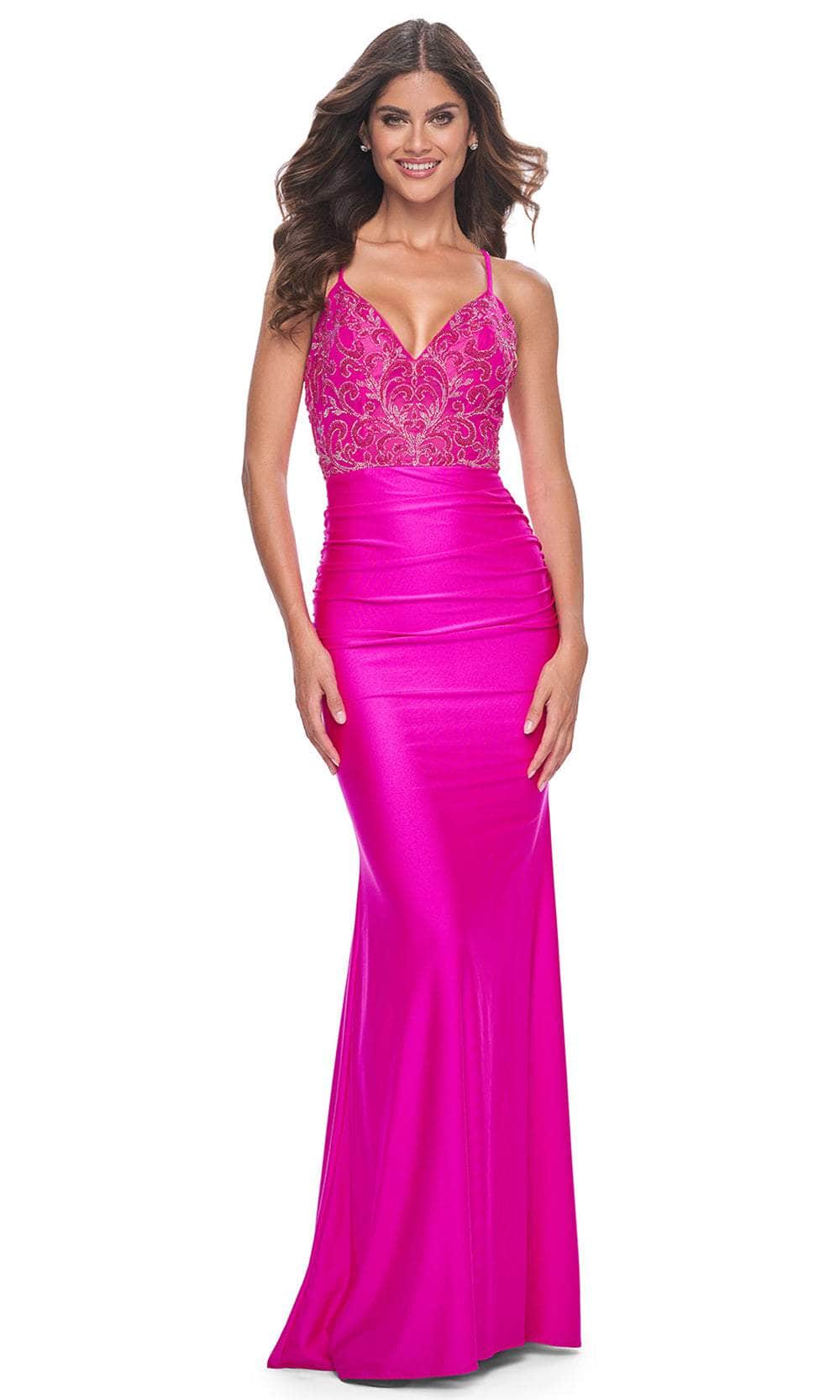 La Femme 32324 - Open Back Fitted Bodice Prom Gown Evening Dresses 00 /  Hot Fuchsia