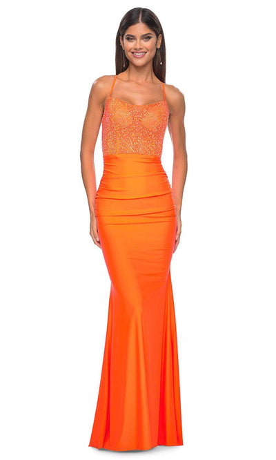 La Femme 32325 - Straight Across Sleeveless Prom Dress Evening Dresses 00 /  Bright Orange