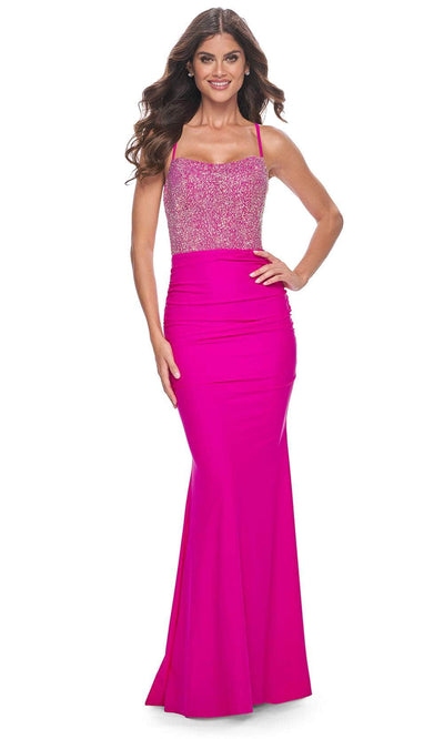 La Femme 32325 - Straight Across Sleeveless Prom Dress Evening Dresses 00 /  Hot Fuchsia