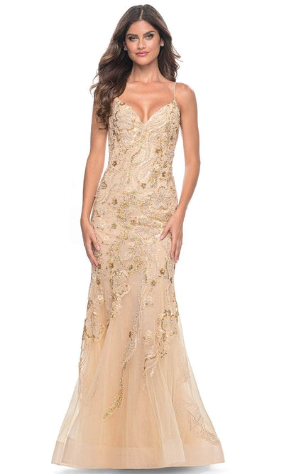 La Femme 32333 - Spaghetti Strap Jeweled Prom Dress Evening Dresses 00 /  Champagne
