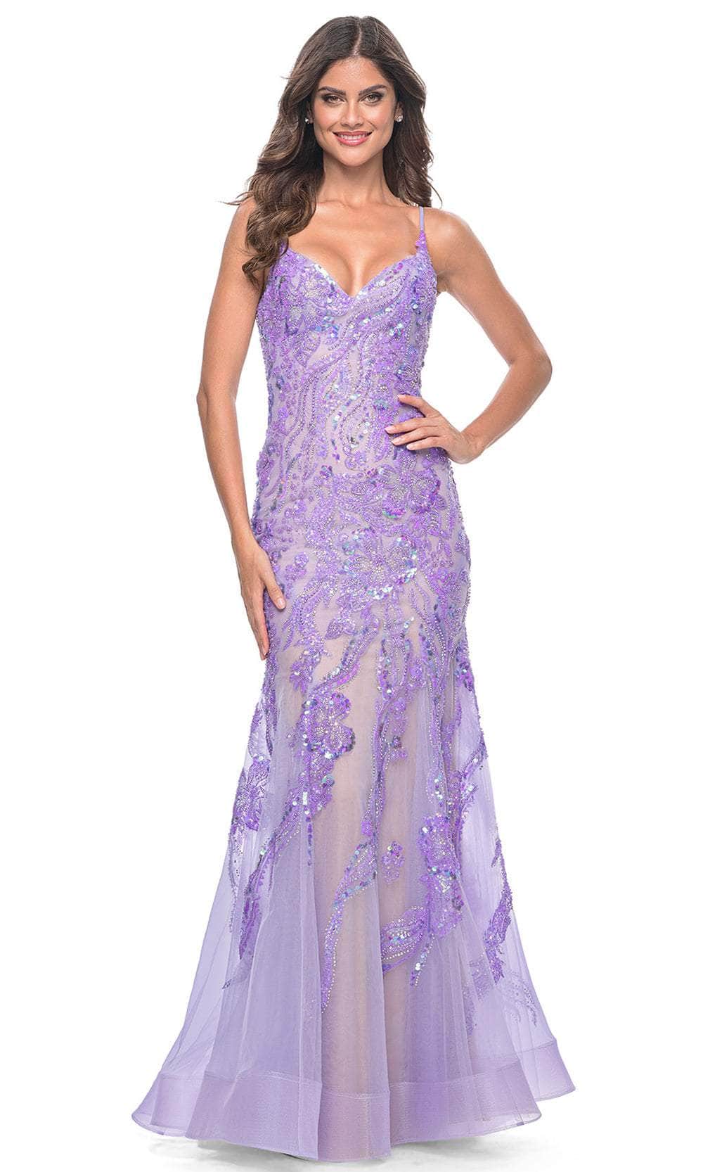 La Femme 32333 - Spaghetti Strap Jeweled Prom Dress Evening Dresses 00 /  Lavender