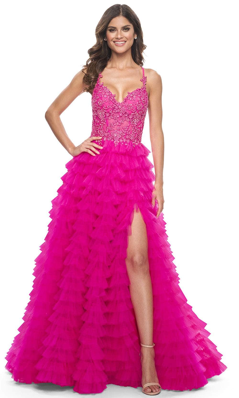 La Femme 32334 - Ruffled A-line Prom Gown Prom Dresses 00 / Hot Fuchsia