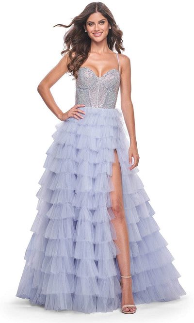 La Femme 32335 - Rhinestone Embellished Corset Ballgown Prom Dresses 00 / Light Periwinkle