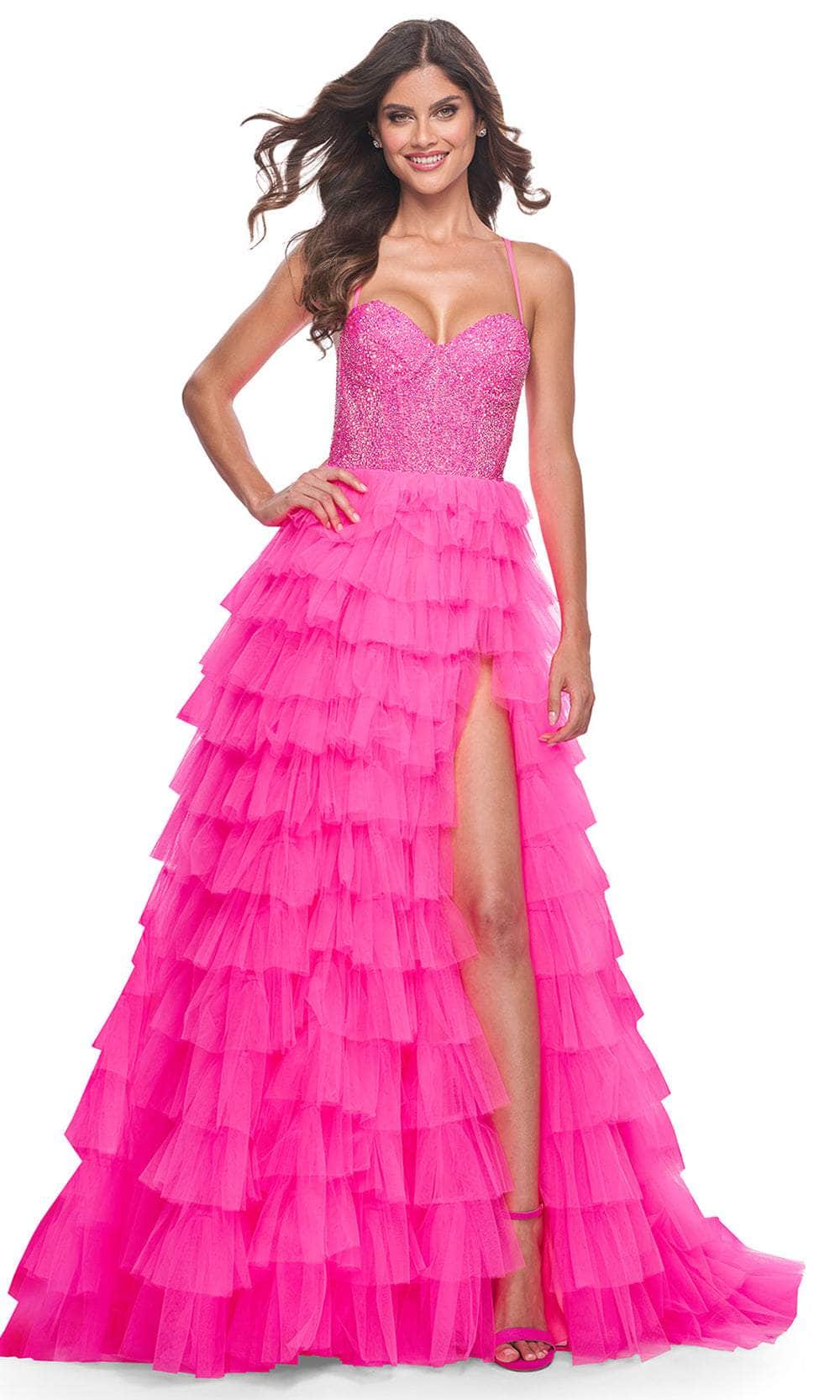 La Femme 32335 - Rhinestone Embellished Corset Ballgown Prom Dresses 00 / Neon Pink