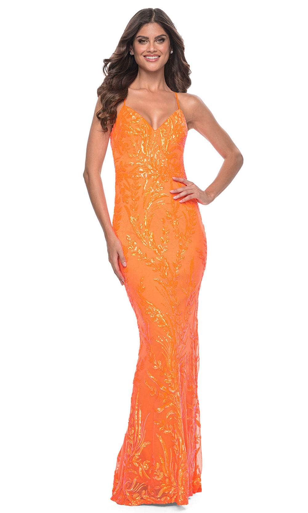 La Femme 32343 - V-Neck Open Back Prom Dress Evening Dresses 00 /  Orange
