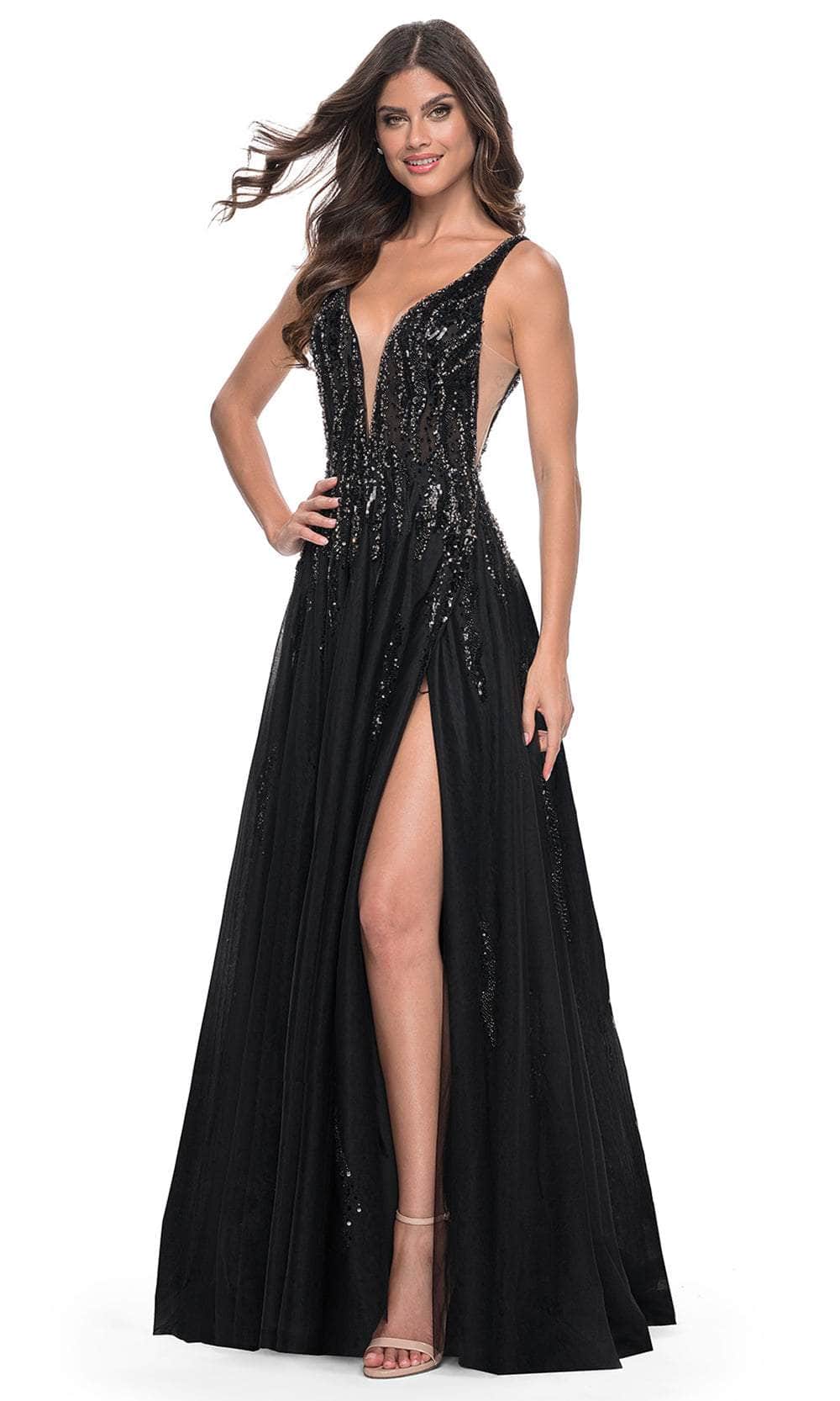 La Femme 32345 - Rhinestone Side Mesh Prom Gown Evening Dresses 00 /  Black