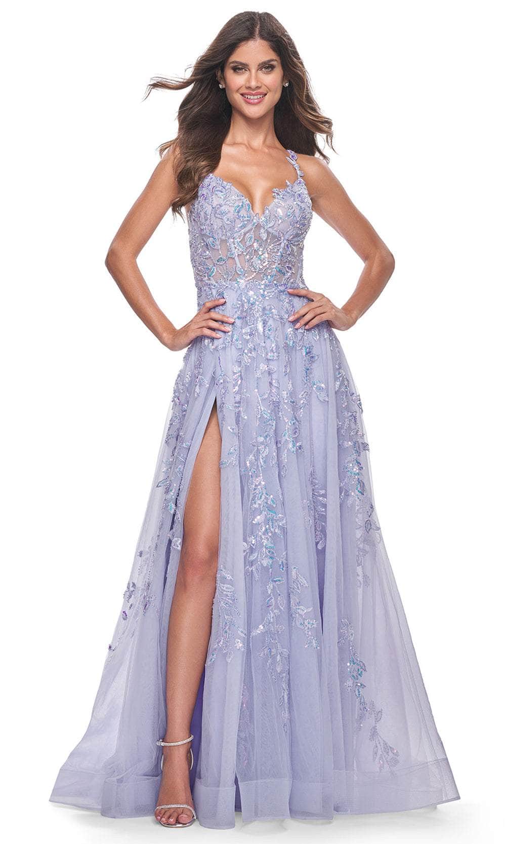 La Femme 32349 - Lace Applique Sleeveless Prom Gown Evening Dresses 00 /  Light Periwinkle