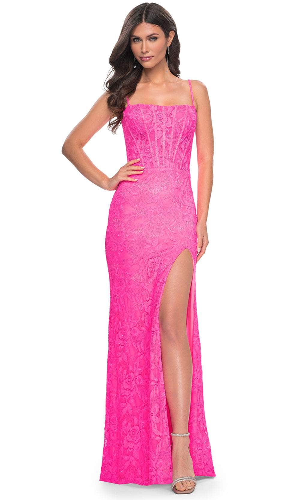 La Femme 32423 - Lace Corset Prom Dress Prom Dresses 00 / Neon Pink