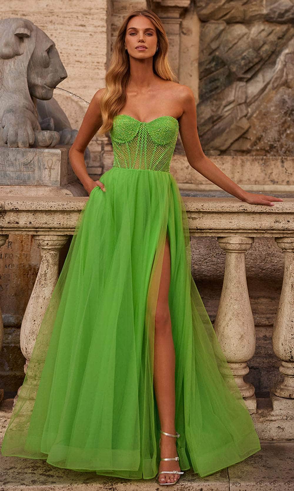 La Femme 32445 - Long Hot Stone Fishnet/Tulle A Line Dress - Strapless, Sheer Bustier Bodice, Corset Boning, Midrise Back, Concealed Zipper Closure, High Slit, Sweep Train ADASA La Femme 32445 - Long Hot Stone Fishnet/Tulle A Line Dress - Strapless, Sheer Bustier Bodice, Corset Boning, Midrise Back, Concealed Zipper Closure, High Slit, Sweep Train ADASA