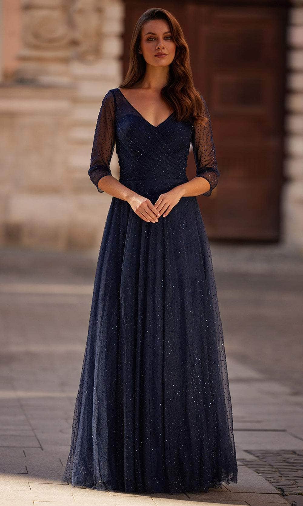 La Femme 32460 - Long Hot Stone Tulle A-line Dress - Beaded texture fabric, Quarter length sleeves, Full skirt, Ruched bodice 12 / Black La Femme 32460 - Long Hot Stone Tulle A-line Dress - Beaded texture fabric, Quarter length sleeves, Full skirt, Ruched bodice 12 / Black