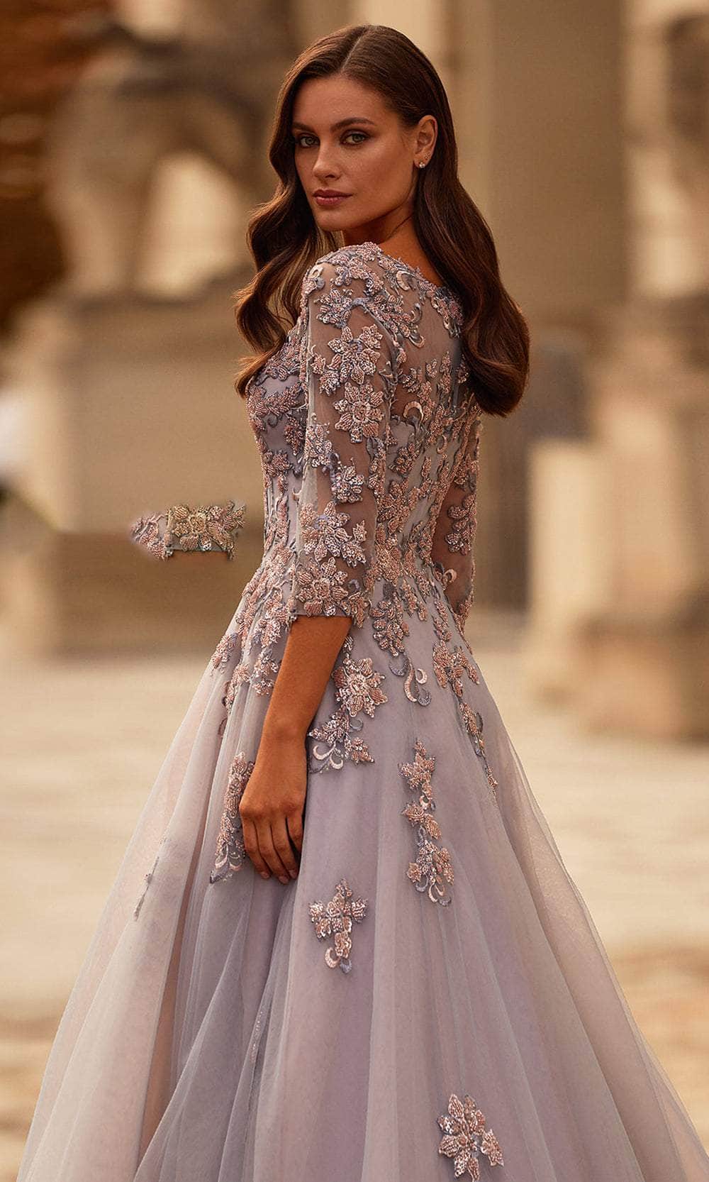 illusion evening dress Illusion Beaded Gown with High Slit and Sweetheart Neckline 39039