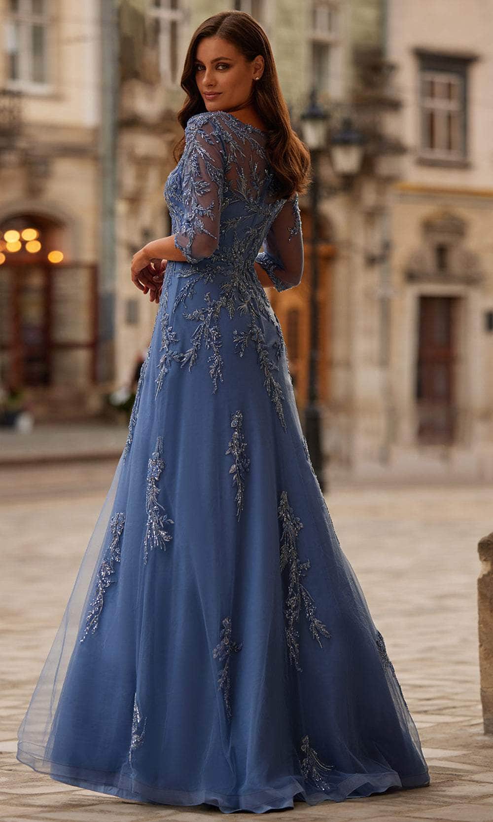 La Femme 32612 - Long Beaded Lace A-line Dress - Floral embroidery, fitted bodice, illusion three-quarter sleeves ADASA La Femme 32612 - Long Beaded Lace A-line Dress - Floral embroidery, fitted bodice, illusion three-quarter sleeves ADASA