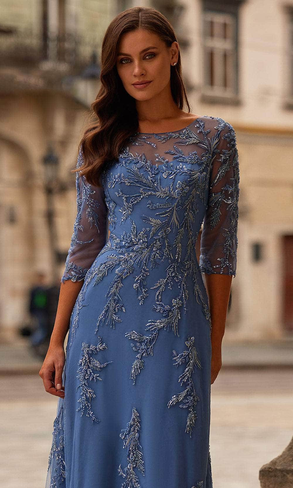 La Femme 32612 - Long Beaded Lace A-Line Dress - Floral Embroidery, Fitted Bodice, Illusion Three-Quarter Sleeves 18 / Blue La Femme 32612 - Long Beaded Lace A-Line Dress - Floral Embroidery, Fitted Bodice, Illusion Three-Quarter Sleeves 18 / Blue