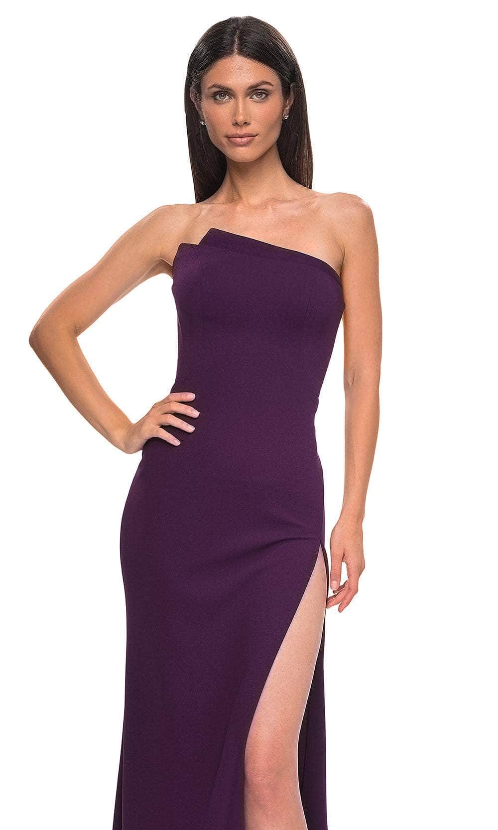 La Femme 32849 - Long Jersey Sheath Dress - Strapless, Fitted Bodice, Seams, Ruched, Illusion Back, Exposed Boning, Back Zipper Closure, Slit, Train 0 La Femme 32849 - Long Jersey Sheath Dress - Strapless, Fitted Bodice, Seams, Ruched, Illusion Back, Exposed Boning, Back Zipper Closure, Slit, Train 0