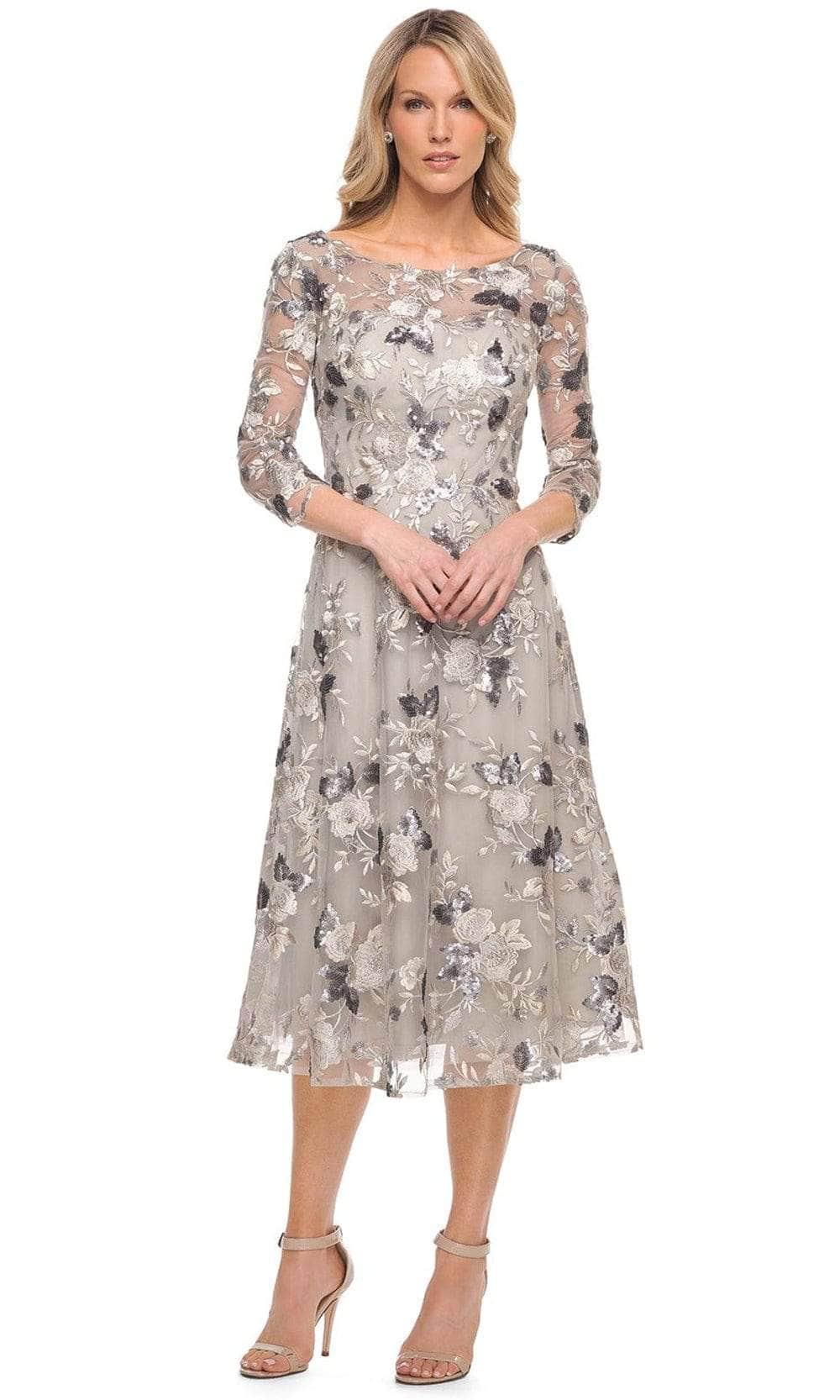 La Femme - Bateau Floral Lace Cocktail Dress 29988SC - 1 pc Silver In Size 12 Available CCSALE 12 / Silver