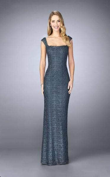 La Femme - Embellished Square Neck Column Dress 24891SC - 2 pcs Eggplant and Slate Blue in size 6 Available Formal Gowns 6 / Slate Blue