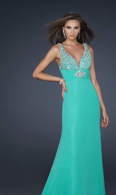 La Femme Gigi - 17665 Jewel Embellished V-Neck Chiffon A-line Gown Special Occasion Dress 00 / Mint