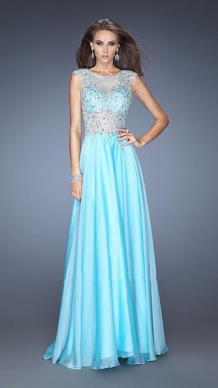 La Femme Gigi - 20074 Lavishly Embellished Illusion Bateau A-Line Gown Special Occasion Dress 00 / Aqua