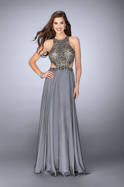 La Femme Gigi - 23761 Elaborate Bateau Illusion Long Evening Gown Special Occasion Dress 00 / Gunmetal