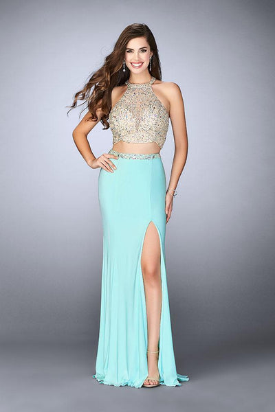 La Femme Gigi - 23853 Beaded Halter Long Jersey Skirt Prom Dress Special Occasion Dress 00 / Mint