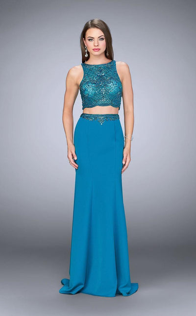 La Femme Gigi - 23907 Glistening Ornate Bateau Sheath Long Gown Special Occasion Dress 00 / Teal