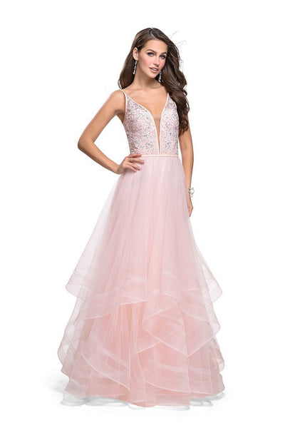 La Femme Gigi - 25639 Beaded Lace V-neck Ruffled Tulle A-line Dress Special Occasion Dress 00 / Blush