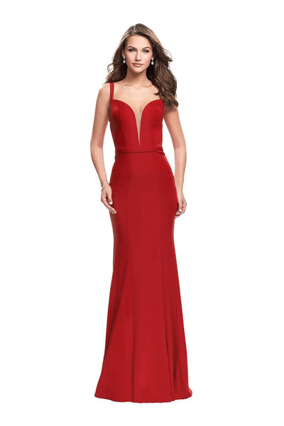 La Femme Gigi - 25964 Deep V-neck Jersey Sheath Dress Special Occasion Dress 00 / Red