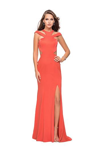 La Femme Gigi - 25971 Ruffle High Neck Sheath Dress Special Occasion Dress 00 / Hot Coral