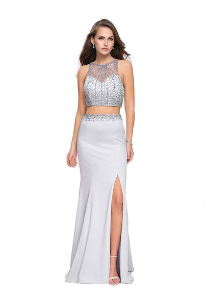 La Femme Gigi - 26063 Beaded Two-Piece Jersey Sheath Gown Special Occasion Dress 00 / Light Silver