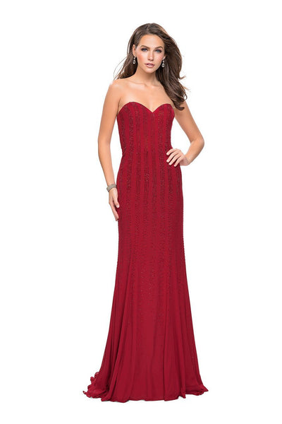 La Femme Gigi - 26289 Vertical Striped Beaded Sweetheart Sheath Dress Special Occasion Dress 00 / Burgundy