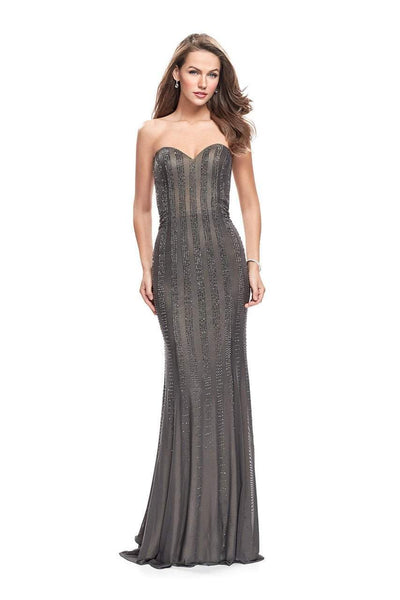 La Femme Gigi - 26289 Vertical Striped Beaded Sweetheart Sheath Dress Special Occasion Dress 00 / Gunmetal