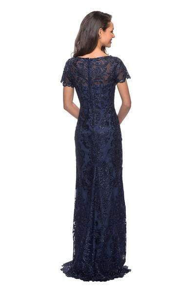 La Femme - Illusion Bateau Jewel-Adorned Lace Sheath Dress 26405SC - 2 pcs Navy In Size 4 and 12 Available CCSALE